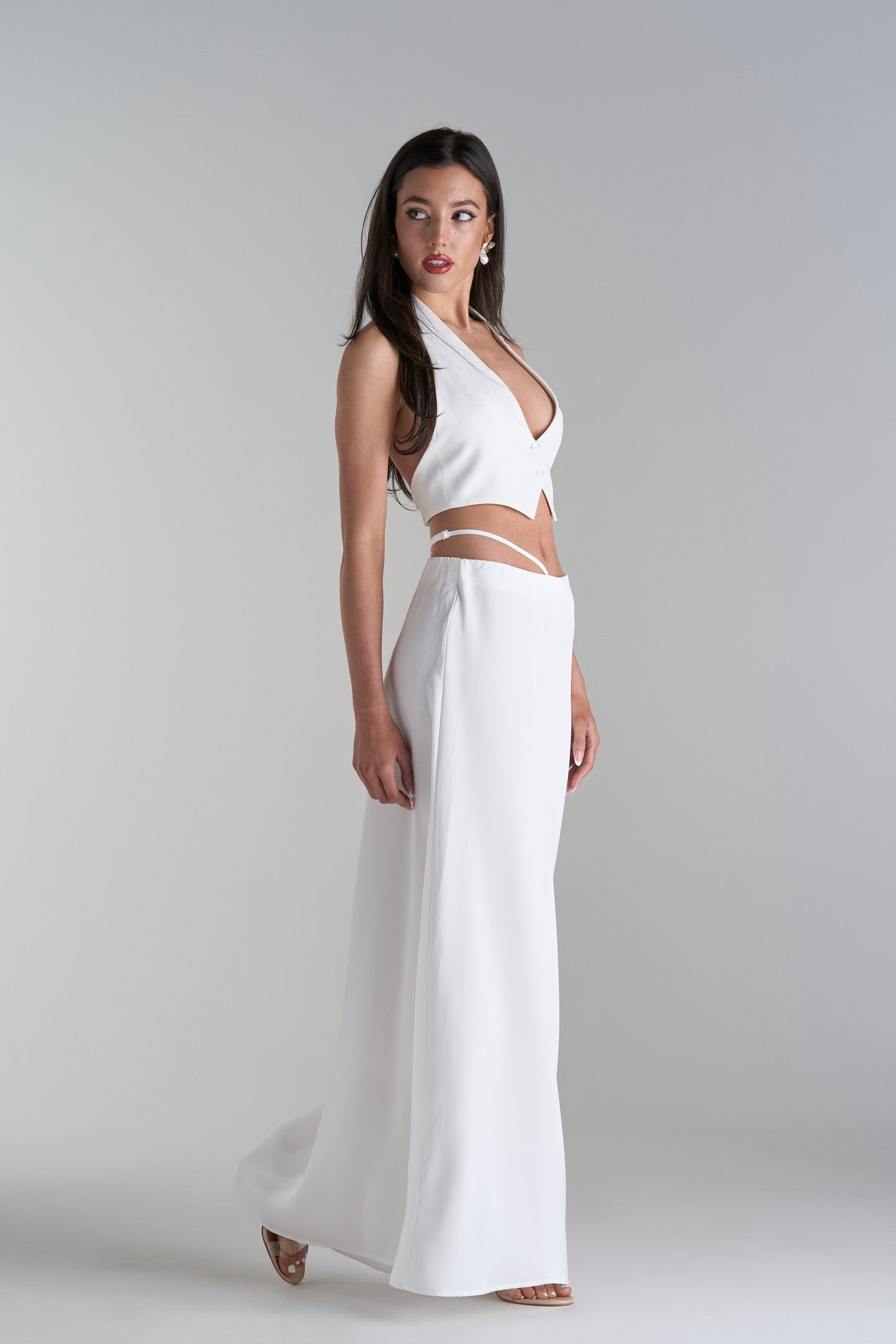 Model Wearing Two Piece Skirt and Top Set
