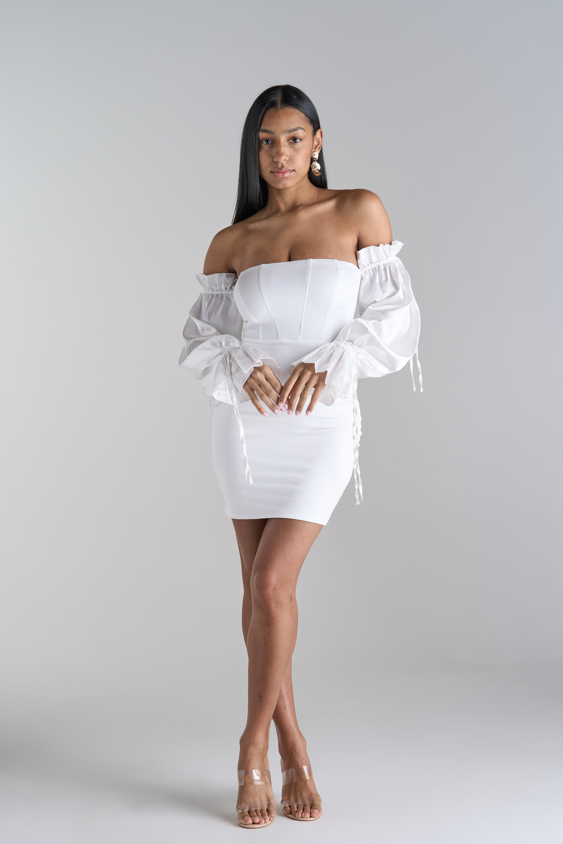 Model Wearing Off Shoulder White Mini Dress