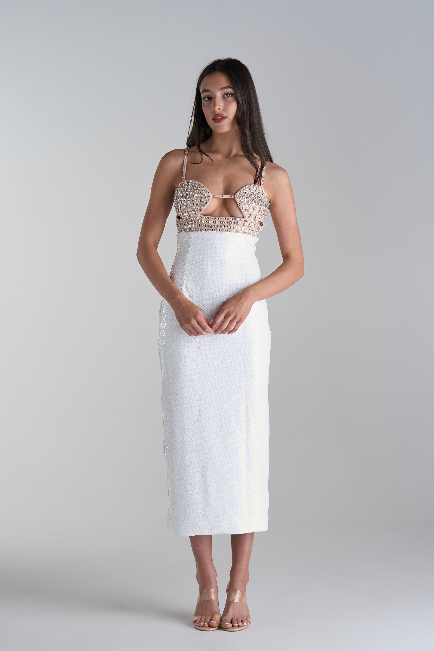 Model Wearing Diamond White Bridal Party Dress
