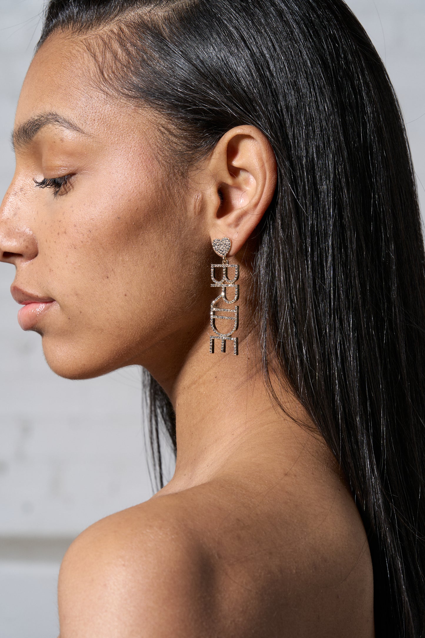 Model in Heart Bride Drop Earrings