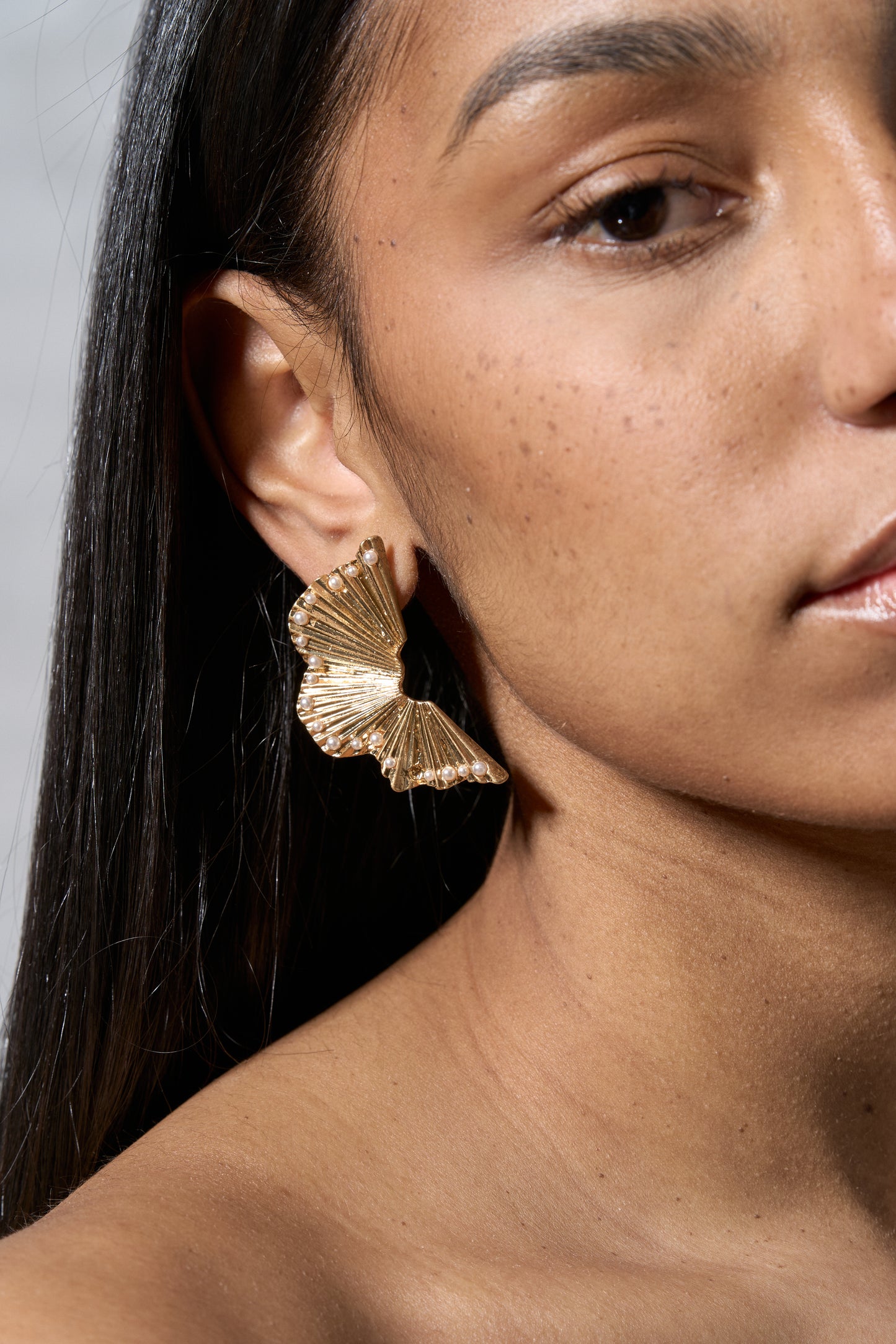 Model Wearing Two Halves Earrings - 3