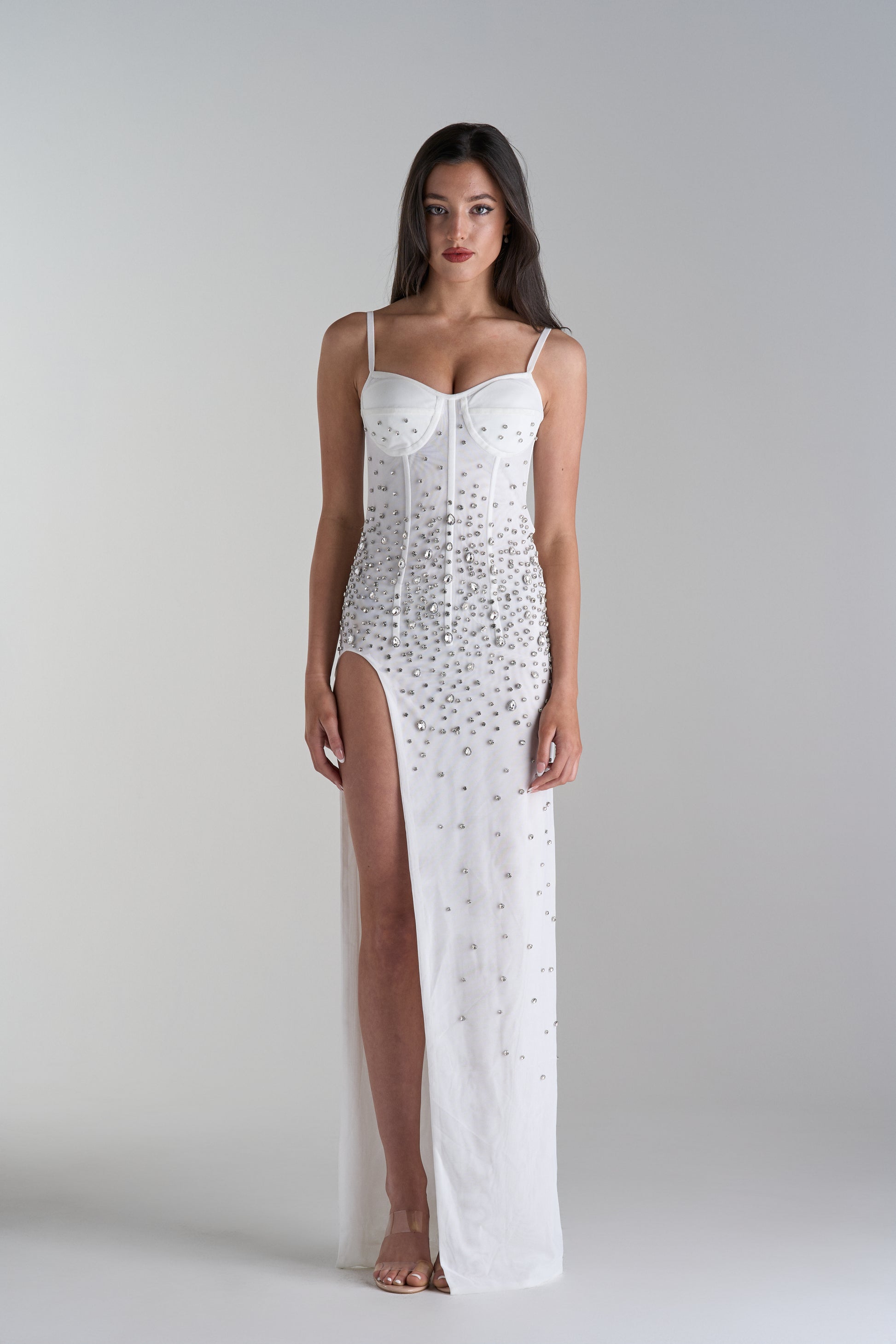 Model Wearing Long Diamond Maxi Bridal Dress