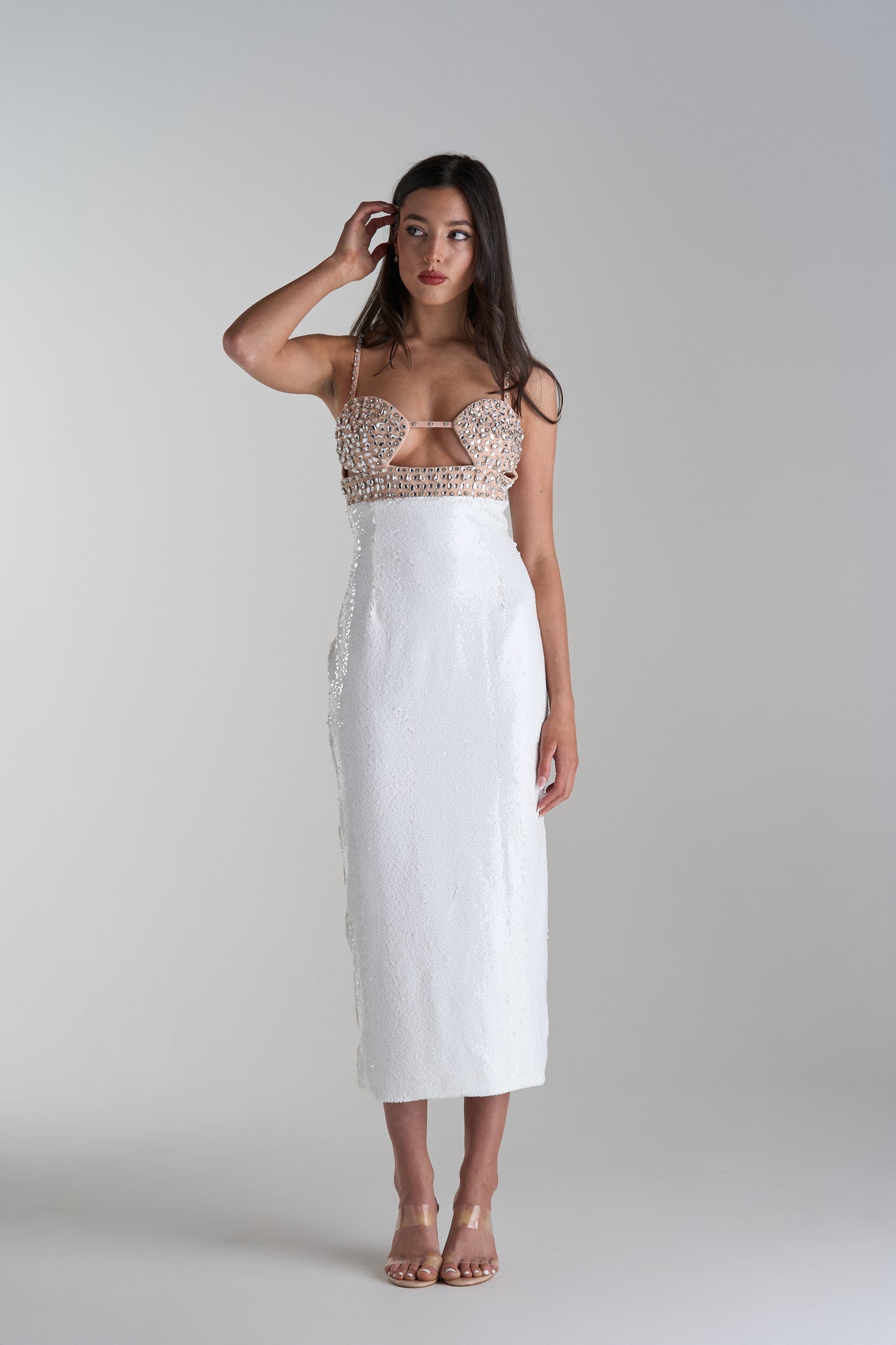 Model Wearing Diamond White Bridal Party Dress