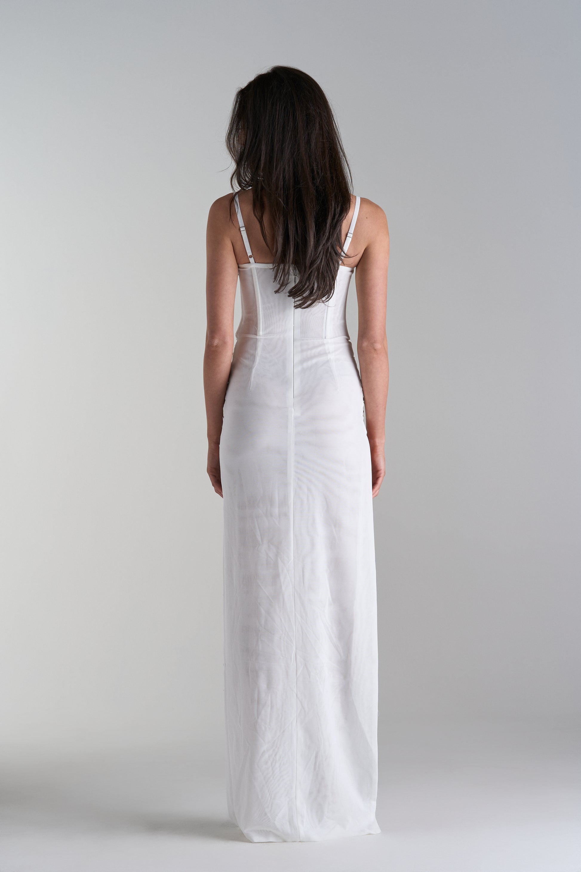 Model Wearing Long Diamond Maxi Bridal Dress