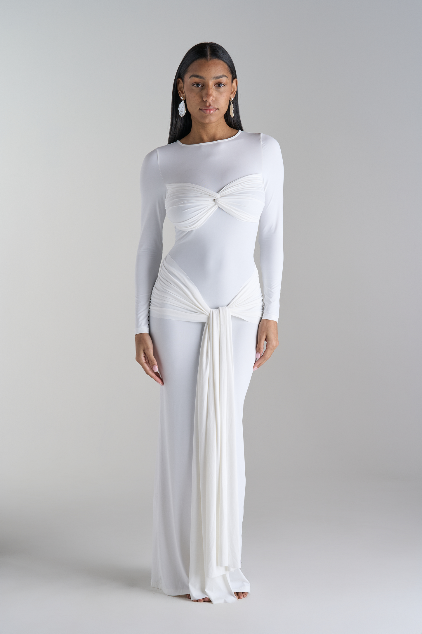 Model in Arielle Long White Dress