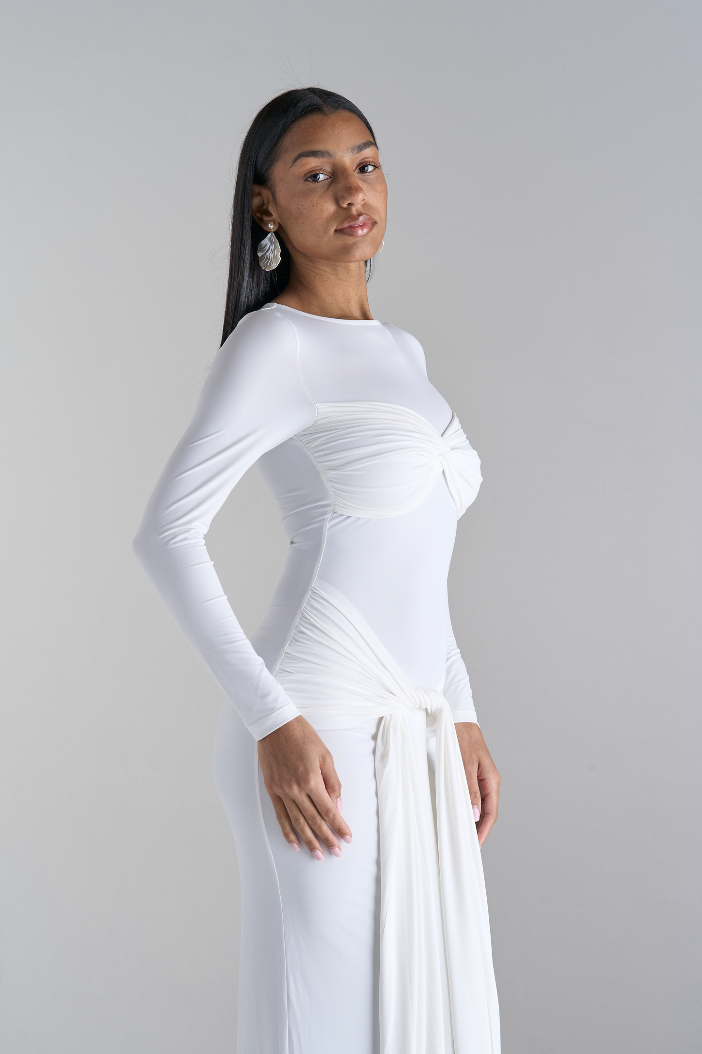 Model in Arielle Long White Dress