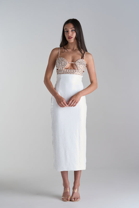 Model Wearing Diamond White Bridal Party Dress