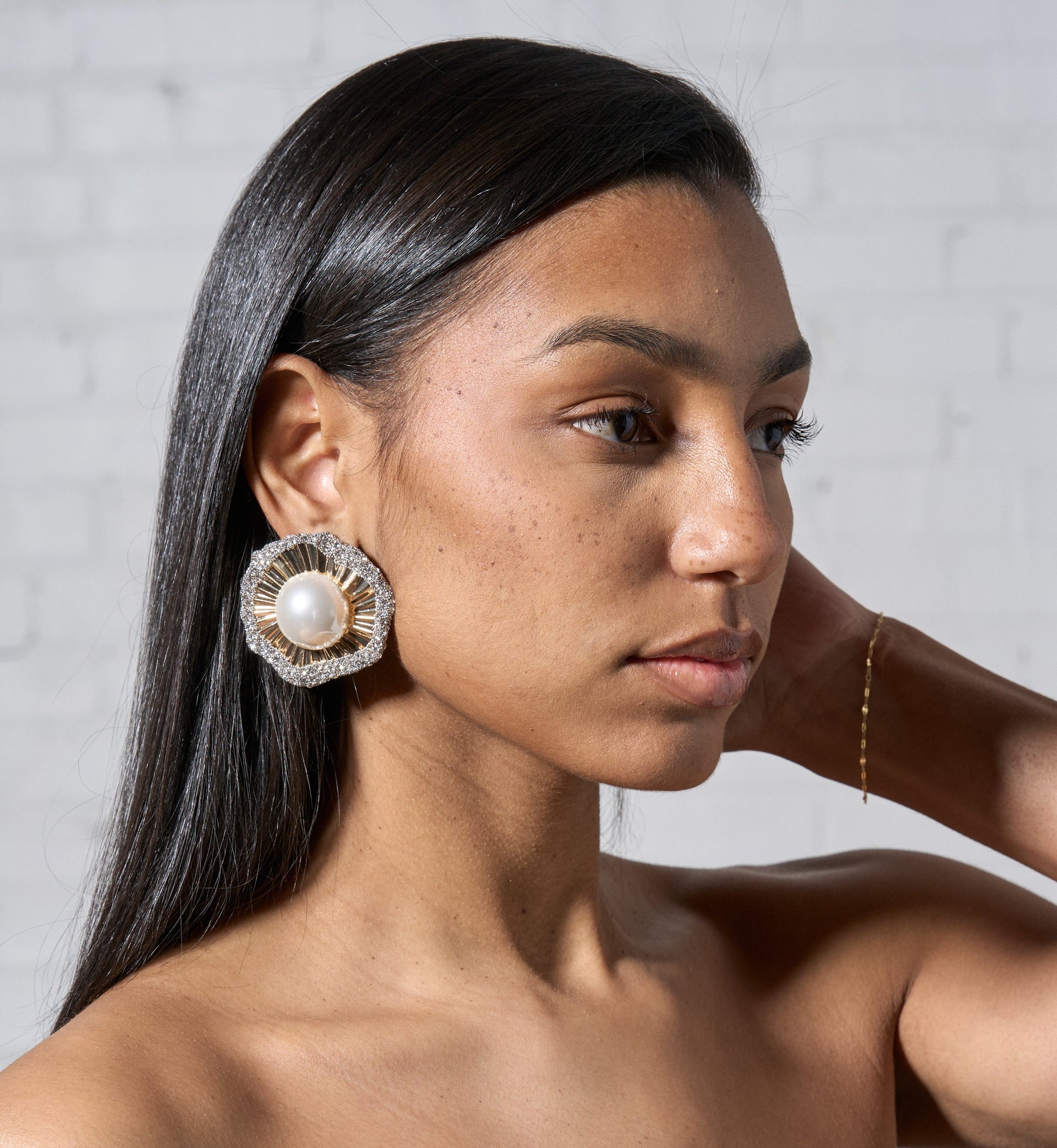 Model Wearing Pearl Earring