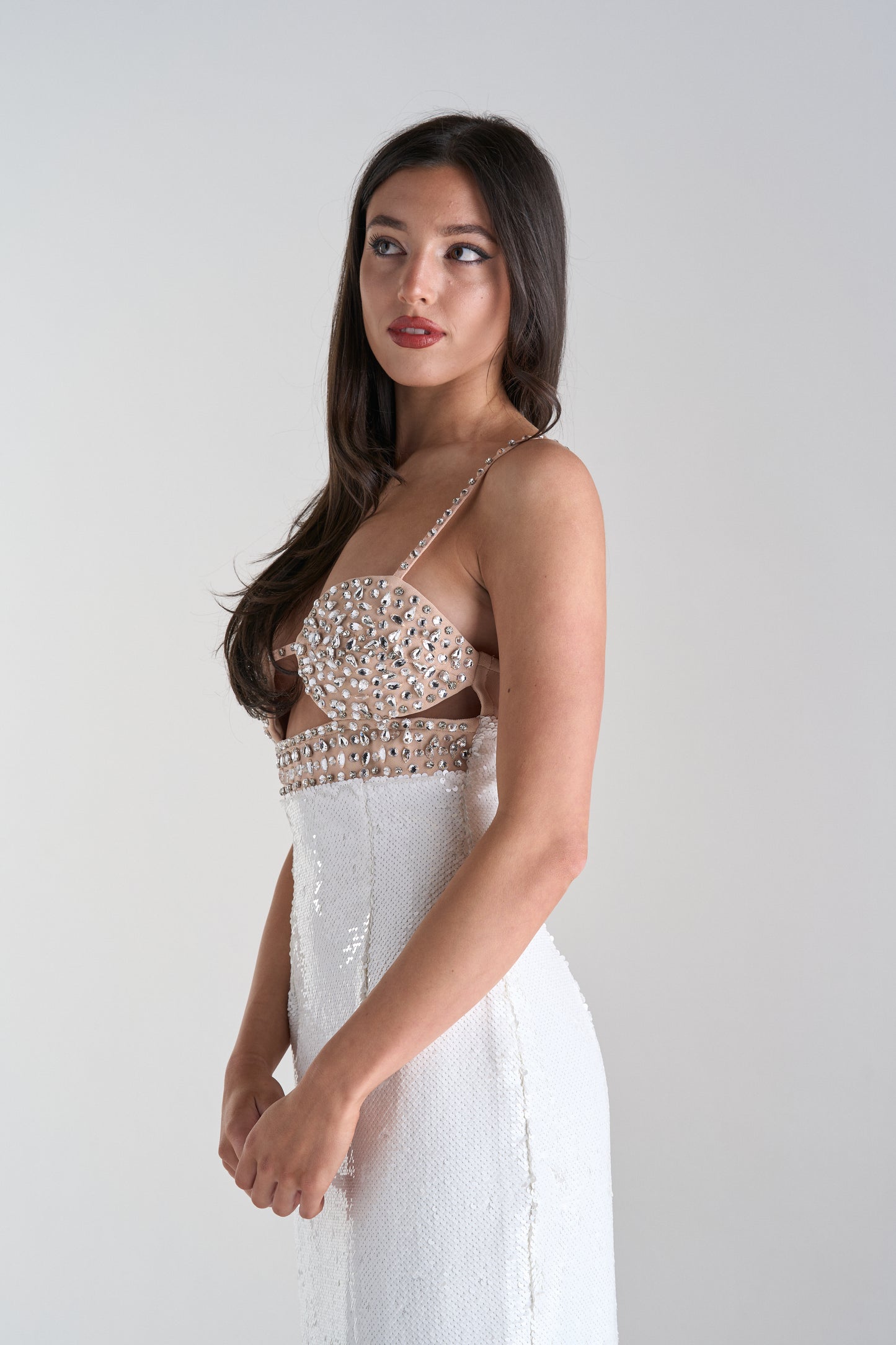 Model Wearing Diamond White Bridal Party Dress